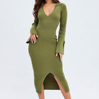 Green Midi Dress Long Sleeve V-Neck Collared Knit