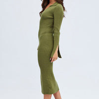Green Midi Dress Long Sleeve V-Neck Collared Knit