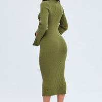 Green Midi Dress Long Sleeve V-Neck Collared Knit