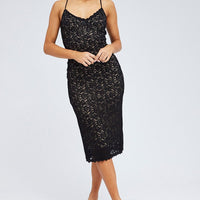 Black Midi Dress Sleeveless V-Neck Bodycon Lace Stretch