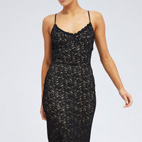 Black Midi Dress Sleeveless V-Neck Bodycon Lace Stretch