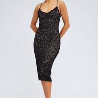 Black Midi Dress Sleeveless V-Neck Bodycon Lace Stretch