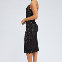 Black Midi Dress Sleeveless V-Neck Bodycon Lace Stretch