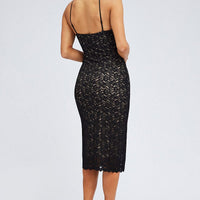Black Midi Dress Sleeveless V-Neck Bodycon Lace Stretch