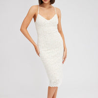 White Midi Dress Sleeveless V-Neck Bodycon Lace Stretch