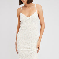 White Midi Dress Sleeveless V-Neck Bodycon Lace Stretch