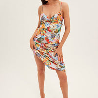 Orange Abstract Slip Dress Satin Midi Postcard Holiday Print