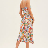 Orange Abstract Slip Dress Satin Midi Postcard Holiday Print