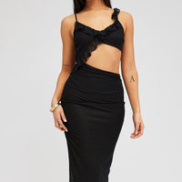 Black Midi Dress Asymmetric Ruffle Cut Out