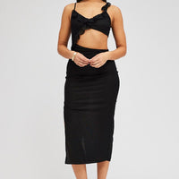 Black Midi Dress Asymmetric Ruffle Cut Out