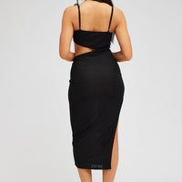 Black Midi Dress Asymmetric Ruffle Cut Out