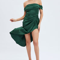 Green Dress Bardot Draped Satin