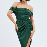 Green Dress Bardot Draped Satin