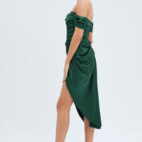 Green Dress Bardot Draped Satin