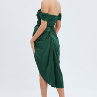 Green Dress Bardot Draped Satin