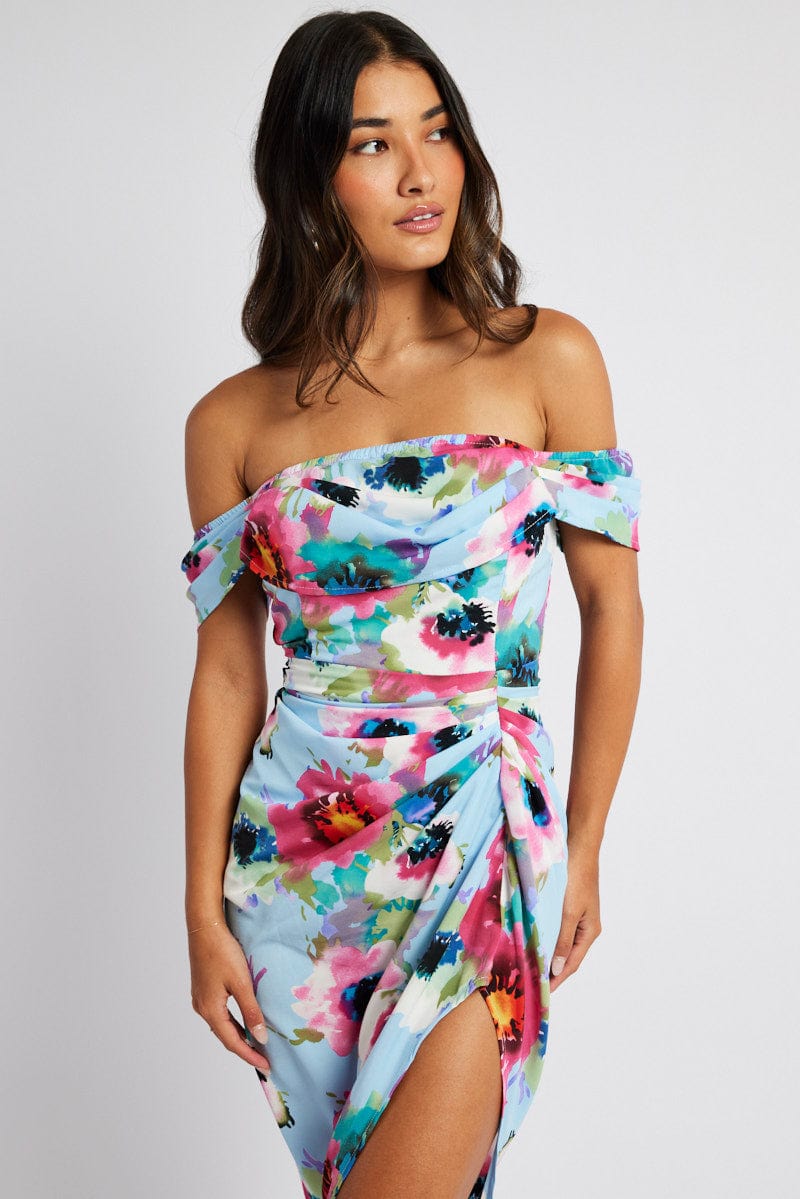 Blue Floral Midi Dress Bardot Sleeve Draped Blue Floral