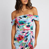 Blue Floral Midi Dress Bardot Sleeve Draped Blue Floral
