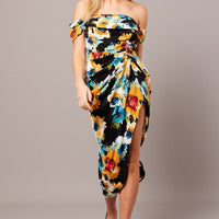 Black Floral Bardot Midi Dress Draped Off Shoulder Dress