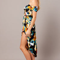 Black Floral Bardot Midi Dress Draped Off Shoulder Dress