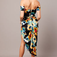 Black Floral Bardot Midi Dress Draped Off Shoulder Dress