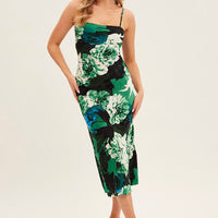 Green Floral Slip Dress Midi Strappy Back Floral Satin