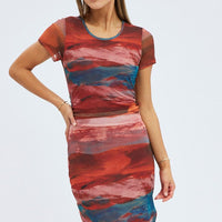 Brown Abstract Midi Dress Short Sleeve Bodycon Mesh