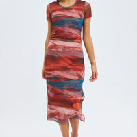 Brown Abstract Midi Dress Short Sleeve Bodycon Mesh