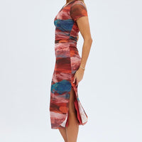 Brown Abstract Midi Dress Short Sleeve Bodycon Mesh