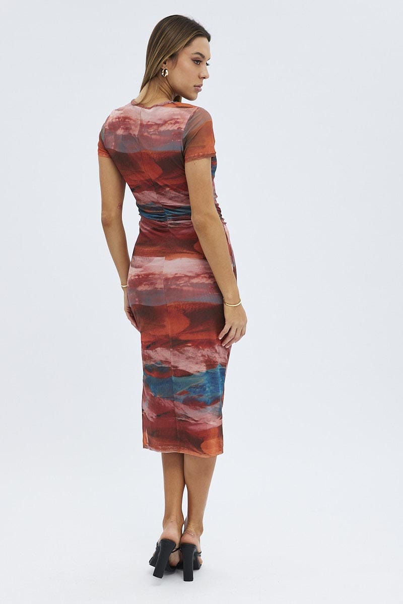 Brown Abstract Midi Dress Short Sleeve Bodycon Mesh