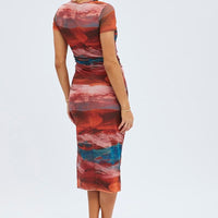 Brown Abstract Midi Dress Short Sleeve Bodycon Mesh