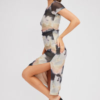 Brown Abstract Midi Dress Short Sleeve Bodycon Mesh