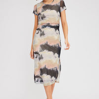Brown Abstract Midi Dress Short Sleeve Bodycon Mesh