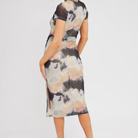 Brown Abstract Midi Dress Short Sleeve Bodycon Mesh