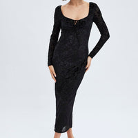 Black Midi Dress Long Sleeve Bodycon Mesh