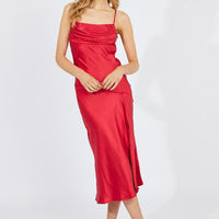 Red Satin Dress Cocktail Split Side Strappy