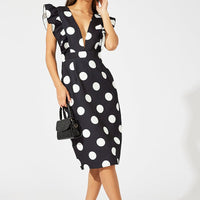 Black Polka Dot Midi Dress Plunge Ruffle Shoulder Oversized Polka