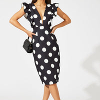 Black Polka Dot Midi Dress Plunge Ruffle Shoulder Oversized Polka