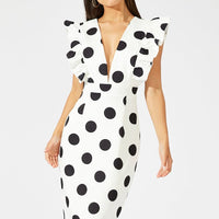 Black Polka Dot Midi Dress Plunge Ruffle Shoulder Oversized Polka