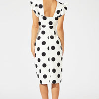 Black Polka Dot Midi Dress Plunge Ruffle Shoulder Oversized Polka