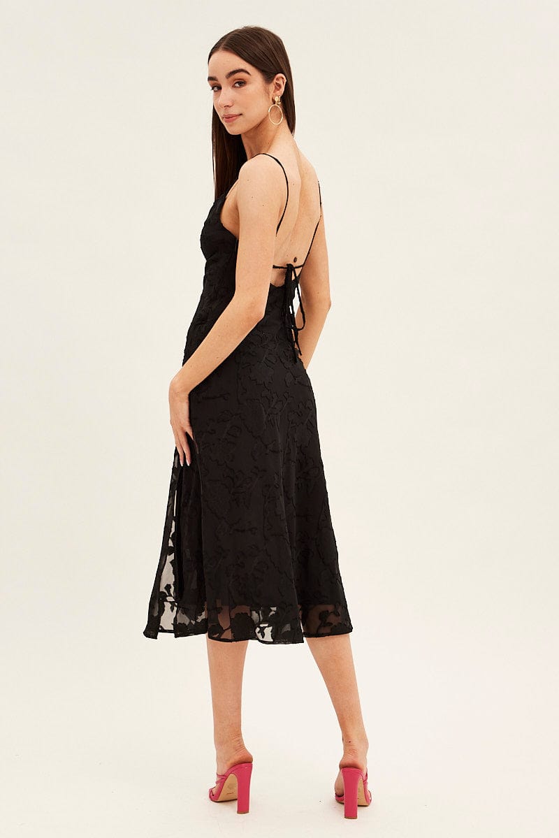 Black Midi Dress Cowl Neck Burnout