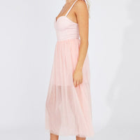 Pink Midi Dress Tulle Corset Detail Occasion Dress