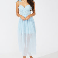 Blue Midi Dress Tulle Corset Detail Occasion Dress
