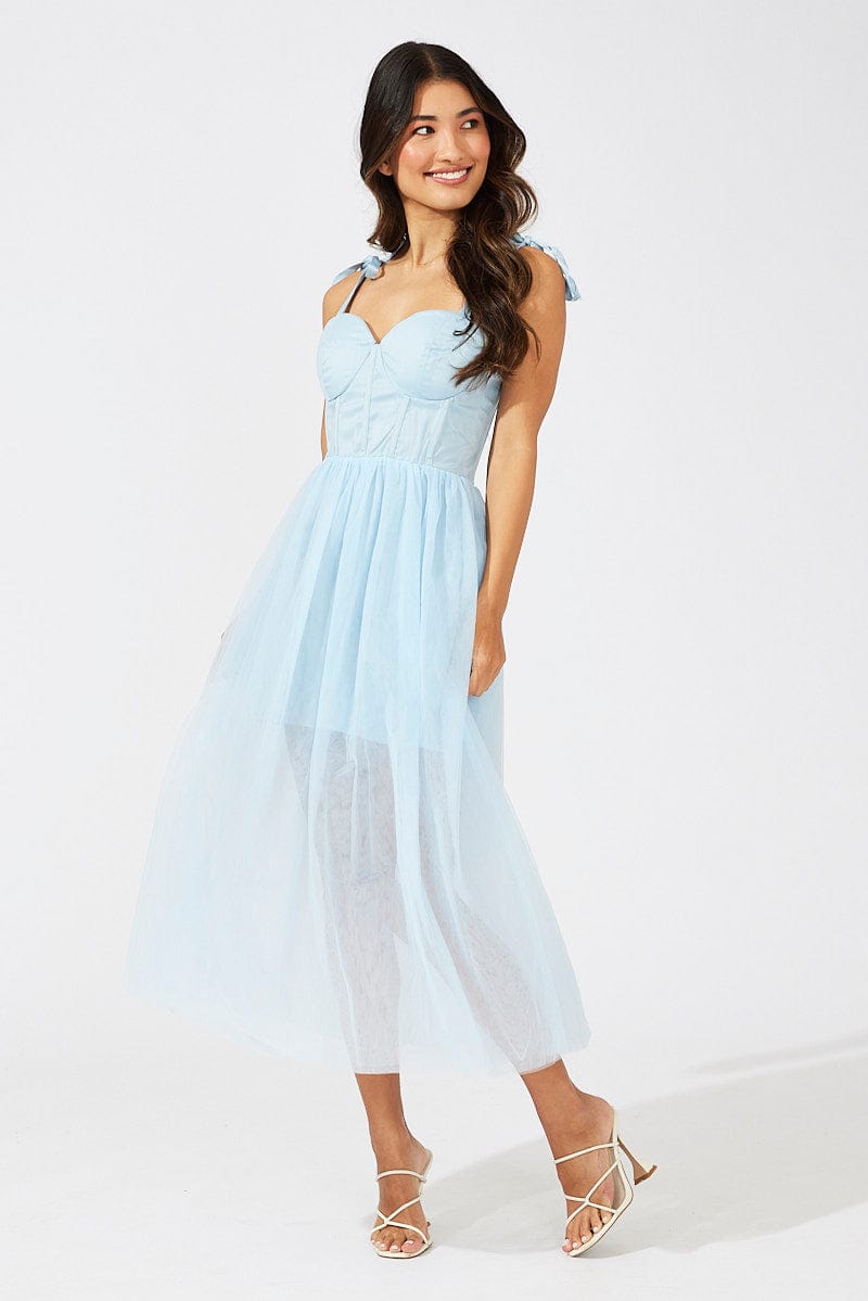 Blue Midi Dress Tulle Corset Detail Occasion Dress