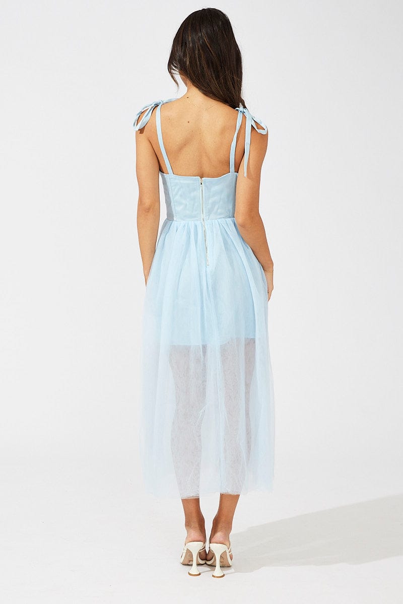 Blue Midi Dress Tulle Corset Detail Occasion Dress