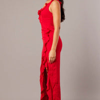 Red Ruffle Dress Wrap Midi Chiffon