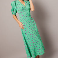 Green Floral Midi Dress Puff Sleeve Tea Dress