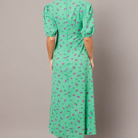 Green Floral Midi Dress Puff Sleeve Tea Dress