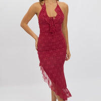 Red Bodycon Dress Ruffle Halter Neck
