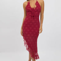 Red Bodycon Dress Ruffle Halter Neck