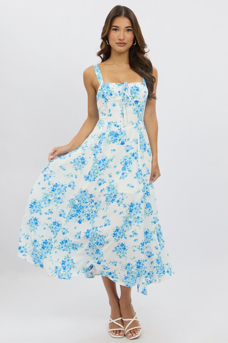 Blue Floral Midi Dress Gathered Bust